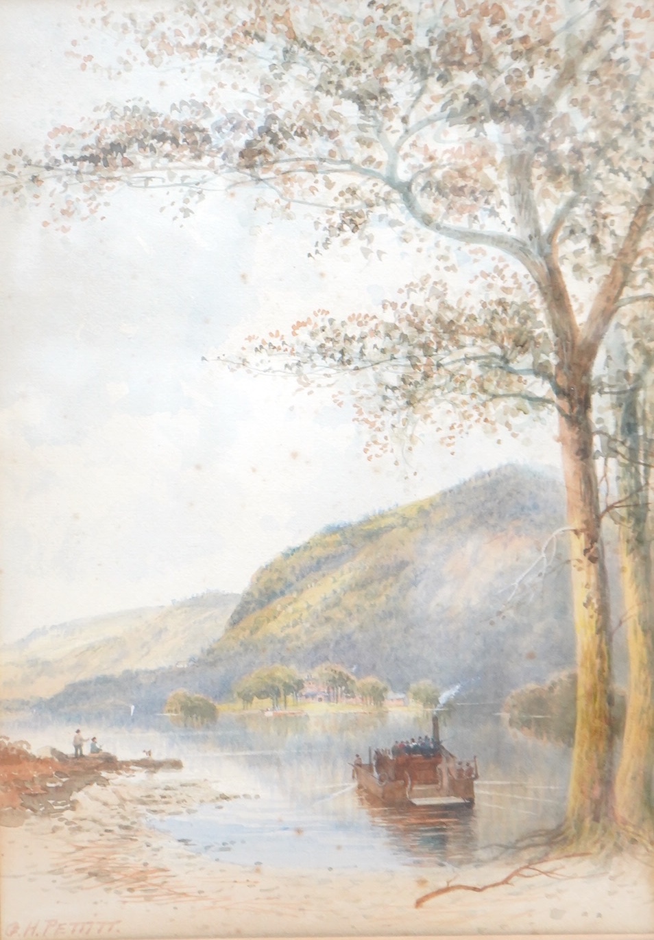 G H Pettitt (19th. C), Continental lakeside landscape with boats, signed, watercolour, 34 x 24cm